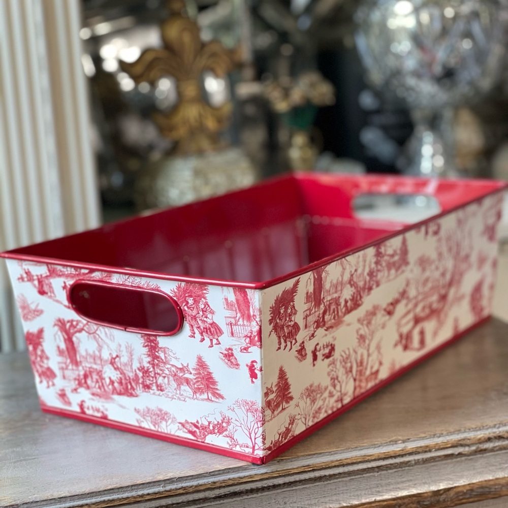 Michel Designs red & white toile Christmas tin box & liner